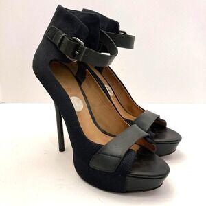 L.A.M.B Platform Stiletto Heels Ankle Strap Black Leather Fabric Womens 9M‎